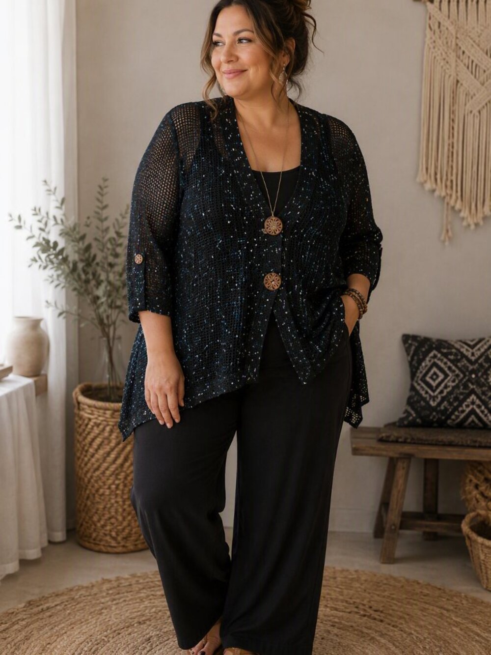 626 - Nina Leonard Open Knit Cardigan | Size 3X | Black with Blue & White Flecks